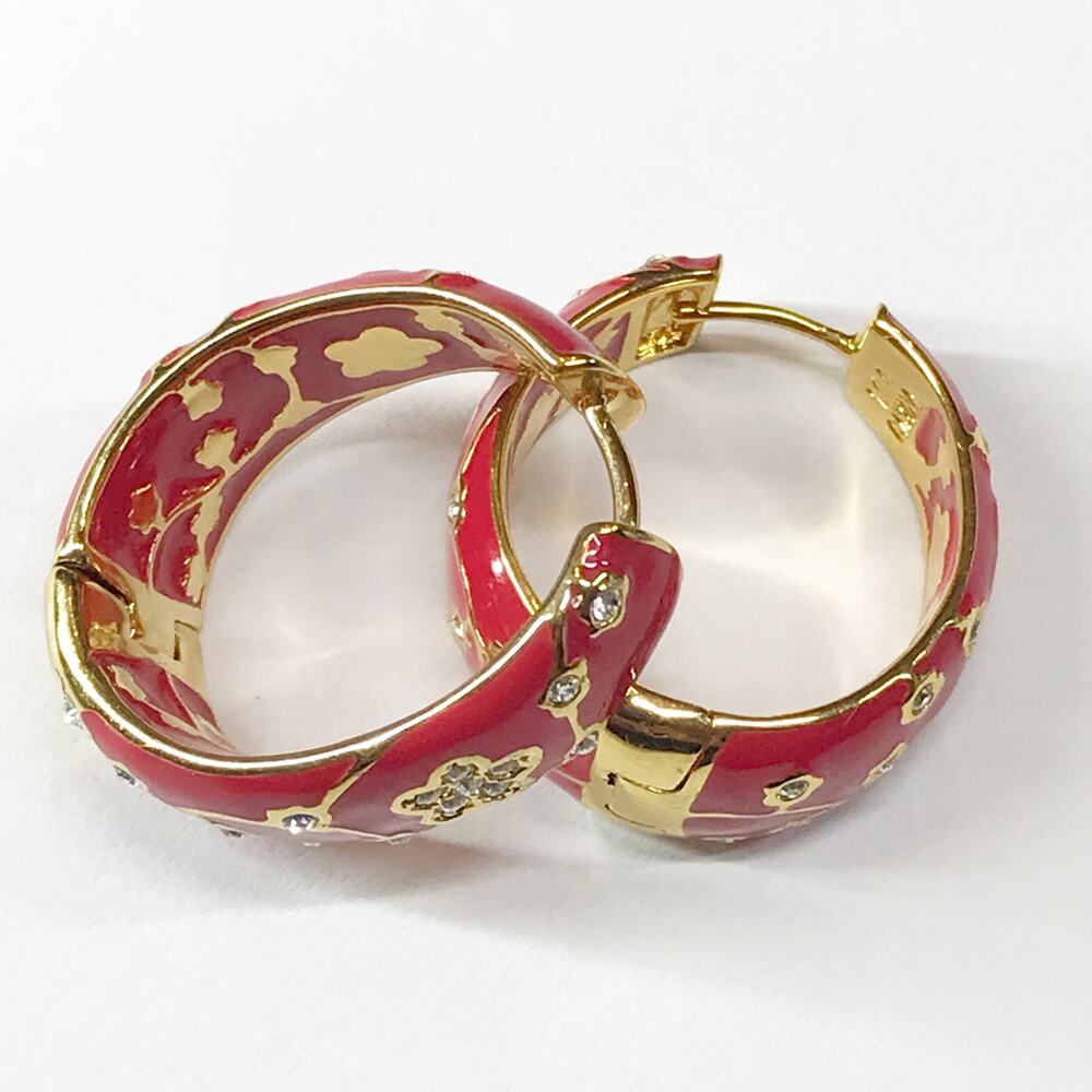 Lauren G Adams LGA Dome Tapered Hoop Earrings Gold Plated Red Enamel Rhinestone - Picture 11 of 12